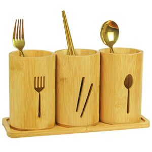 365home bamboo silverware organizer flatware utensil caddy bamboo utensil holder wooden cutlery holder with bamboo tray for kitchen countertop farmhouse (forks, chopsticks, spoons)