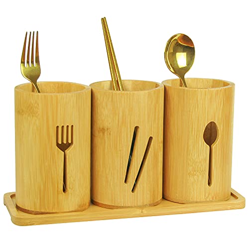 365Home Bamboo Silverware Organizer Flatware Utensil Caddy Bamboo Utensil Holder Wooden Cutlery Holder with Bamboo Tray for Kitchen Countertop Farmhouse (Forks, Chopsticks, Spoons)