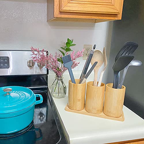 365Home Bamboo Silverware Organizer Flatware Utensil Caddy Bamboo Utensil Holder Wooden Cutlery Holder with Bamboo Tray for Kitchen Countertop Farmhouse (Forks, Chopsticks, Spoons)