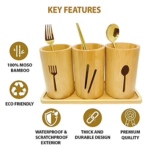 365Home Bamboo Silverware Organizer Flatware Utensil Caddy Bamboo Utensil Holder Wooden Cutlery Holder with Bamboo Tray for Kitchen Countertop Farmhouse (Forks, Chopsticks, Spoons)