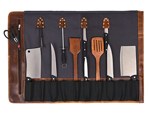 Leather Canvas Knife Roll Storage Bag Expandable 10 Pockets Detachable Shoulder Strap Travel-Friendly Chef Knife Case Roll By Aaron Leather Goods (Pittsburgh, Canvas Leather)