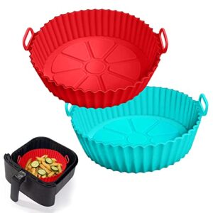 2 pack air fryer silicone liners pot for 3 to 5 qt, air fryer silicone basket bowl, replacement of flammable parchment paper, reusable baking tray oven accessories, red+blue, (top 8in, bottom 6.75in)