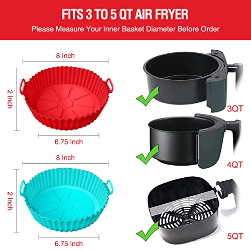 2 Pack Air Fryer Silicone Liners Pot for 3 to 5 QT, Air Fryer Silicone Basket Bowl, Replacement of Flammable Parchment Paper, Reusable Baking Tray Oven Accessories, Red+Blue, (Top 8in, Bottom 6.75in)