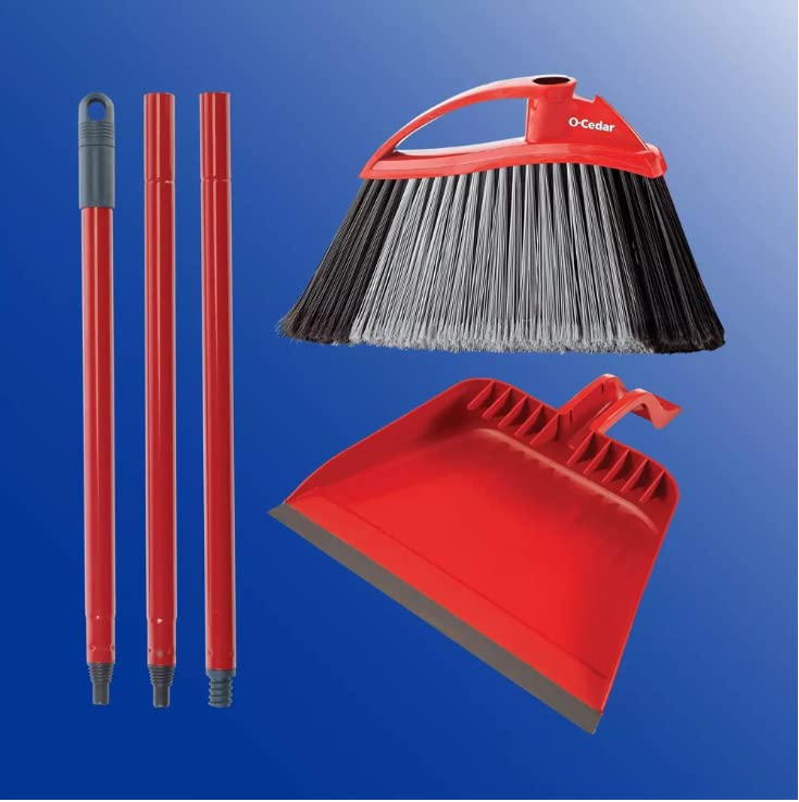 O-Cedar Pet Pro Broom & Step-On Dustpan PowerCorner, Red