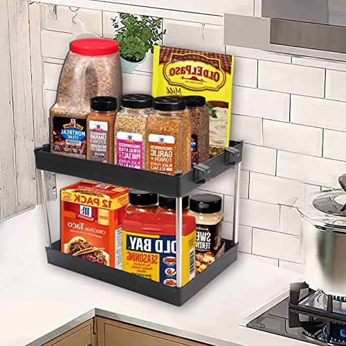 Under Sink Organizer, 2 Tier Bathroom Organizer with 4 Hooks, Multi-purpose Under Sink Storage,Countertop Storage Shelf Holder, Kitchen Spice Rack, Under Sink Storage for Bathroom Kitchen (Black)