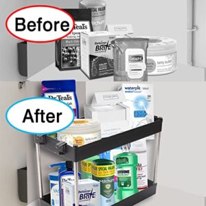 Under Sink Organizer, 2 Tier Bathroom Organizer with 4 Hooks, Multi-purpose Under Sink Storage,Countertop Storage Shelf Holder, Kitchen Spice Rack, Under Sink Storage for Bathroom Kitchen (Black)