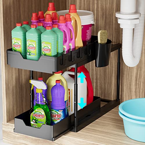 Adjustable Height Under Sink Organizer, CuivnKak Double Sliding Under Sink Organizer and Storage 2 Tier Easy Access Multi-purpose Slide Out Cabinet Organizer for Bathroom Kitchen