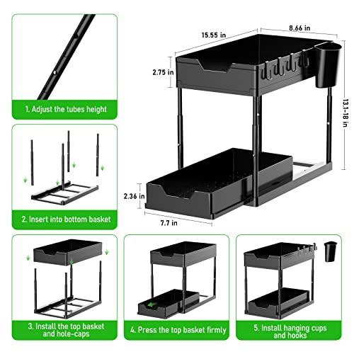 Adjustable Height Under Sink Organizer, CuivnKak Double Sliding Under Sink Organizer and Storage 2 Tier Easy Access Multi-purpose Slide Out Cabinet Organizer for Bathroom Kitchen