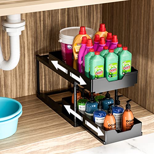 Adjustable Height Under Sink Organizer, CuivnKak Double Sliding Under Sink Organizer and Storage 2 Tier Easy Access Multi-purpose Slide Out Cabinet Organizer for Bathroom Kitchen