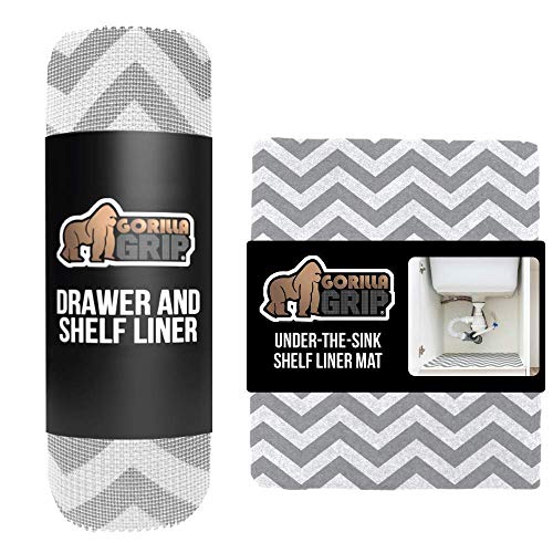 Gorilla Grip Drawer Liner and Under Sink Mat Liner, Both in Chevron Gray White Pattern, Drawer and Shelf Liner Size is 12x20, Under Sink Mat Size is 24x30, Waterproof, Easy to Trim, 2 Item Bundle