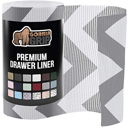 Gorilla Grip Drawer Liner and Under Sink Mat Liner, Both in Chevron Gray White Pattern, Drawer and Shelf Liner Size is 12x20, Under Sink Mat Size is 24x30, Waterproof, Easy to Trim, 2 Item Bundle