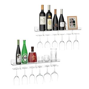 hexsonhoma 24” clear wine glass holder wall mounted 2 pack, acrylic wall bar shelf with removable glasses holder, floating bar shelves for wine bottles, liquor bottles, glasses