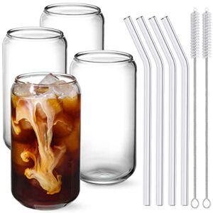 netany drinking glasses with glass straw 4pcs set – 16oz can shaped glass cups, beer glasses, iced coffee glasses, cute tumbler cup, ideal for whiskey, soda, tea, water, gift – 2 cleaning brushes