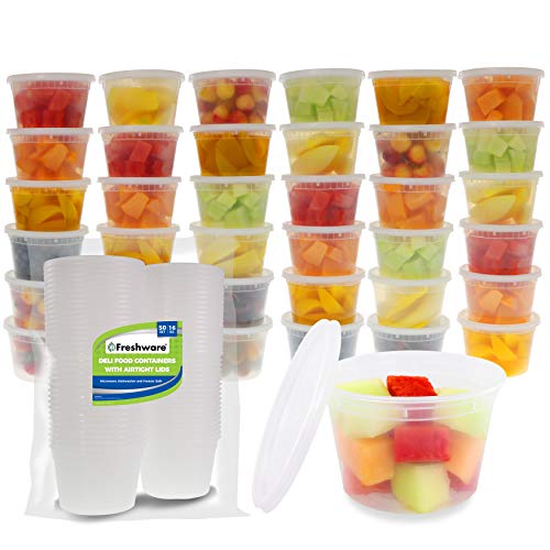 Freshware Food Storage Containers [50 Set] 16 oz Plastic Deli Containers with Lids, Slime, Soup, Meal Prep Containers | BPA Free | Stackable | Leakproof | Microwave/Dishwasher/Freezer Safe