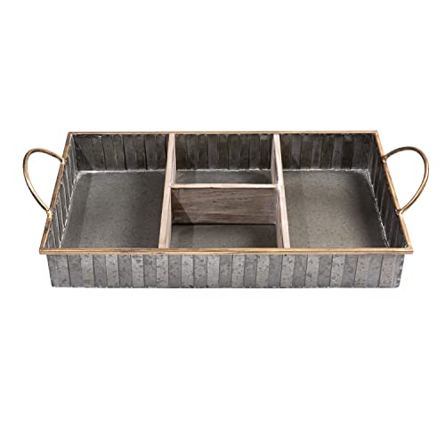 HOMPUS Galvanized Metal Storage Tray with Dividers Rustal Farmhouse Desk Organizer with Handle, Decorative Silverware Drawer Caddy with 4 Compartmentsfor Home, Kitchen, Living Room or Office