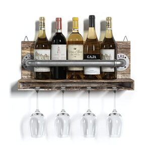 barnyard designs wall mounted wine rack – bottle and glass holder – hanging wood and metal wine rack wall mount for bar and kitchen decor, 20.5″ x 8.75″