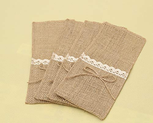Topmodehome Burlap Cutlery Holders Lace Utensil Pouch Knifes Forks Bag for Vintage Natural Wedding (4x8inch, Rope Bow)