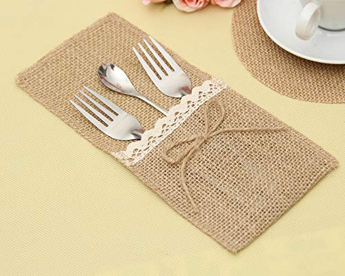 Topmodehome Burlap Cutlery Holders Lace Utensil Pouch Knifes Forks Bag for Vintage Natural Wedding (4x8inch, Rope Bow)
