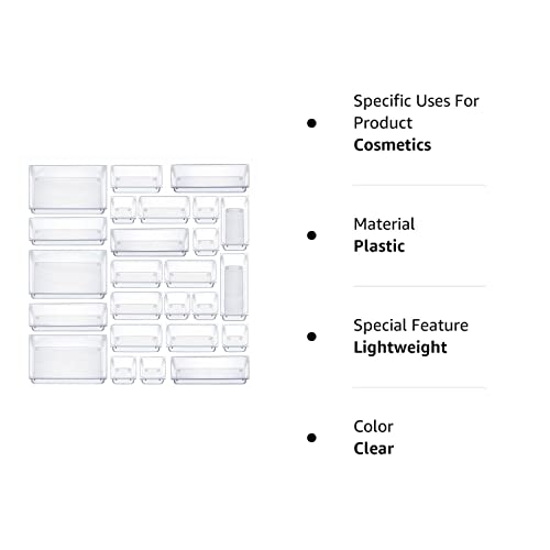 25 Pcs Drawer Organizer Set Dresser Desk Drawer Dividers - 4 Size Bathroom Vanity Cosmetic Makeup Trays - Multipurpose Clear Plastic Storage Bins for Jewelries, Kitchen Gadgets and Office Accessories