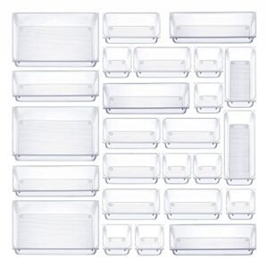 25 pcs drawer organizer set dresser desk drawer dividers – 4 size bathroom vanity cosmetic makeup trays – multipurpose clear plastic storage bins for jewelries, kitchen gadgets and office accessories