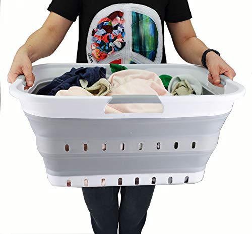 SAMMART 42L (11 gallon) Collapsible Plastic Laundry Basket - Foldable Pop Up Storage Container/Organizer - Portable Washing Tub - Space Saving Hamper/Basket (1, White/Grey)