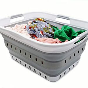 SAMMART 42L (11 gallon) Collapsible Plastic Laundry Basket - Foldable Pop Up Storage Container/Organizer - Portable Washing Tub - Space Saving Hamper/Basket (1, White/Grey)