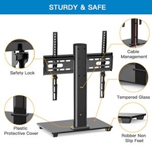 PERLESMITH Universal TV Stand - Table Top TV Stand for 32-55 inch LCD LED TVs - Height Adjustable TV Base Stand with Tempered Glass Base & Wire Management, VESA 400x400mm