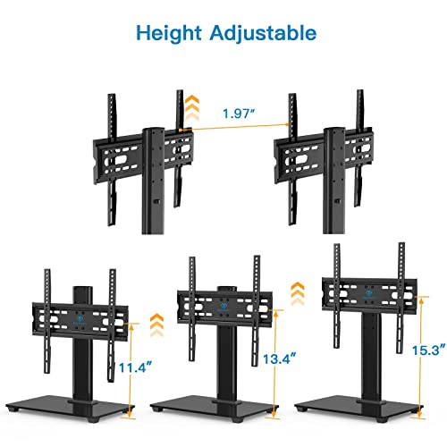 PERLESMITH Universal TV Stand - Table Top TV Stand for 32-55 inch LCD LED TVs - Height Adjustable TV Base Stand with Tempered Glass Base & Wire Management, VESA 400x400mm