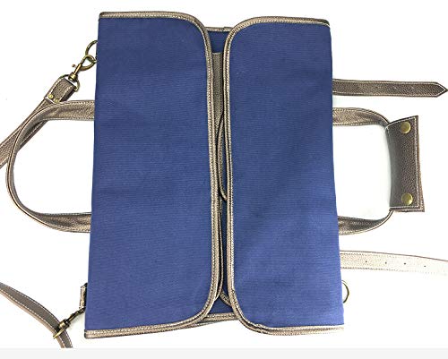 One Selva Chef Knife Bag, Case, Organizer - 17 Slots - Canvas + Blue & Brown Faux Leather - Handles + Carrying Strap - Extra Personal Pocket- Chef Utensil Holder - Travel Roll Bag - Kitchen Organizer