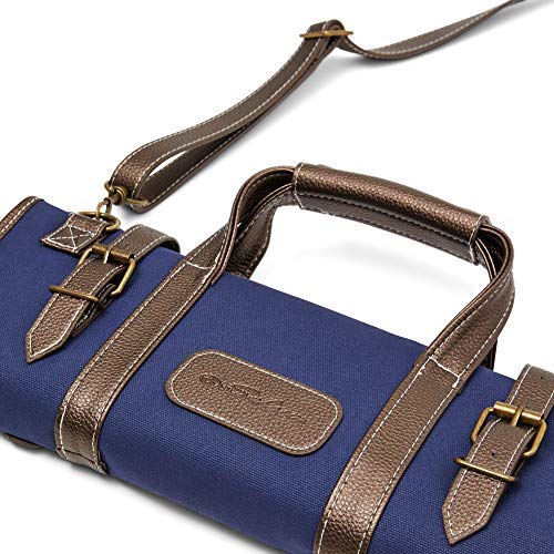 One Selva Chef Knife Bag, Case, Organizer - 17 Slots - Canvas + Blue & Brown Faux Leather - Handles + Carrying Strap - Extra Personal Pocket- Chef Utensil Holder - Travel Roll Bag - Kitchen Organizer