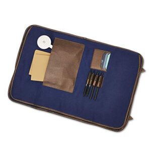 One Selva Chef Knife Bag, Case, Organizer - 17 Slots - Canvas + Blue & Brown Faux Leather - Handles + Carrying Strap - Extra Personal Pocket- Chef Utensil Holder - Travel Roll Bag - Kitchen Organizer