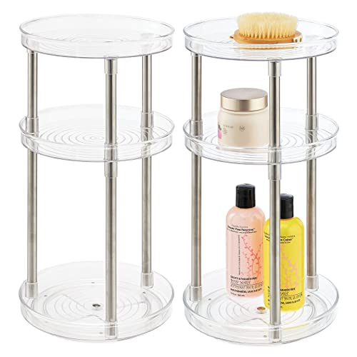 mDesign Spinning 3-Tier Lazy Susan 360 Rotating Makeup Organizer Storage Tower - Beauty Cosmetic Organization Caddy for Bathroom Vanity, Countertop, Makeup Table - Ligne Collection - 2 Pack - Clear