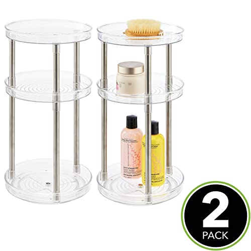 mDesign Spinning 3-Tier Lazy Susan 360 Rotating Makeup Organizer Storage Tower - Beauty Cosmetic Organization Caddy for Bathroom Vanity, Countertop, Makeup Table - Ligne Collection - 2 Pack - Clear