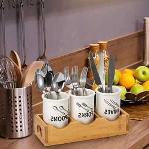 Nicunom Set of 3 Ceramic Flatware Caddy with Bamboo Wood Base, Kitchen Utensil Holder Silverware Organizer for Spoons, Knives and Fork, Farmhouse Decor Kitchen Tool Crocks for Countertop