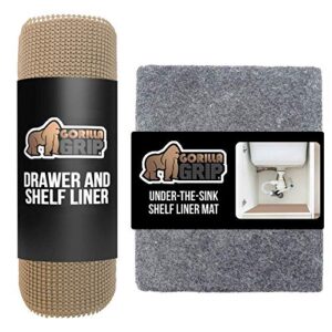 gorilla grip drawer liner and under sink mat, drawer liner size 12×20 in beige, and under sink mat size 24×30 in charcoal, 2 item bundle