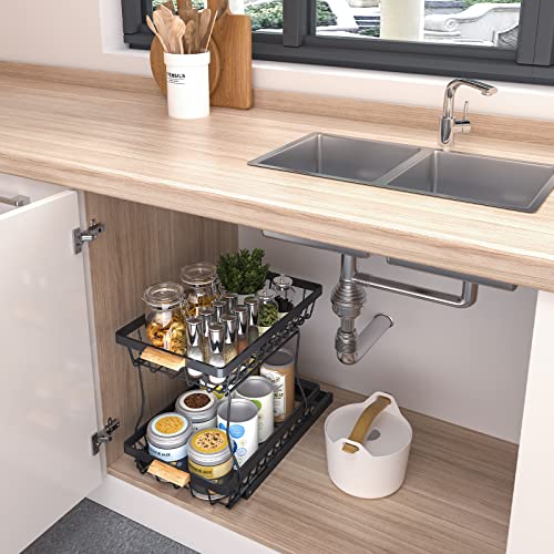 DOLALIKE Pull Out Under Sink Cabinets Organizer, 2 Tire Sliding Countertop Organizer, Under Sink Storage Drawer Shelf for Kitchen Bathroom