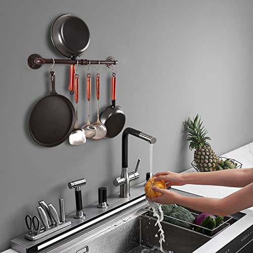 HOEMLIM Pipe Pot Pan Rack Wall Mounted Industrial Utensil Lid Holder Cookware Hanger Kitchen Organizer Hanging Bar Rail with S Hooks(24 inch,Red Bronze)