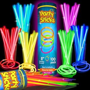 partysticks glow sticks party supplies 100pk – 8 inch glow in the dark light up sticks party favors, glow party decorations, neon party glow necklaces and glow bracelets with connectors