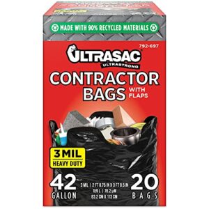ultrasac contractor bags 42 gallon (20 pack/w flap ties), 2.9′ x 3.95′ – 3 mil thick large black heavy duty industrial garbage trashbags for professional construction and commercial use