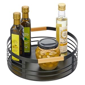 mdesign modern metal lazy susan turntable tray – rotating storage spinner basket and holder for kitchen, pantry, counter, table, fridge – 11.5 inch round – matte black/natural bamboo handles