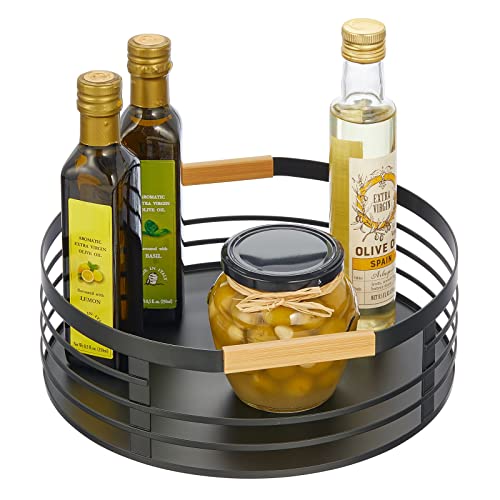 mDesign Modern Metal Lazy Susan Turntable Tray - Rotating Storage Spinner Basket and Holder for Kitchen, Pantry, Counter, Table, Fridge - 11.5 Inch Round - Matte Black/Natural Bamboo Handles