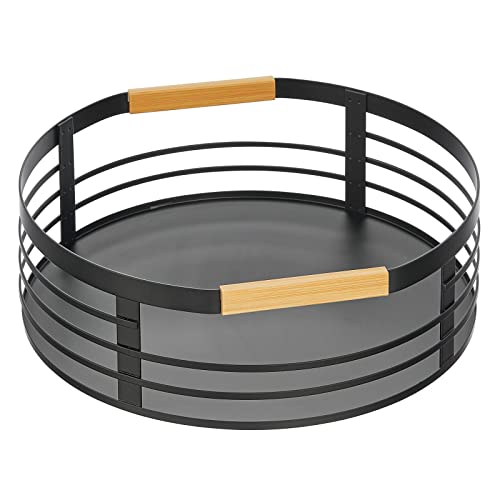 mDesign Modern Metal Lazy Susan Turntable Tray - Rotating Storage Spinner Basket and Holder for Kitchen, Pantry, Counter, Table, Fridge - 11.5 Inch Round - Matte Black/Natural Bamboo Handles