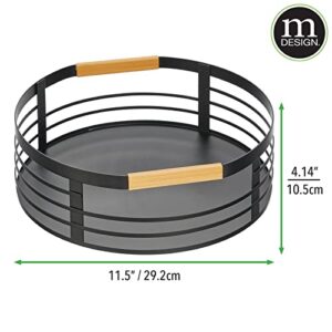 mDesign Modern Metal Lazy Susan Turntable Tray - Rotating Storage Spinner Basket and Holder for Kitchen, Pantry, Counter, Table, Fridge - 11.5 Inch Round - Matte Black/Natural Bamboo Handles