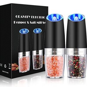 Gravity Electric Pepper and Salt Grinder Set, Adjustable Coarseness, Battery Powered with LED Light, One Hand Automatic Operation, Stainless Steel Black, 2 Pack