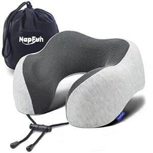 napfun neck pillow for traveling, upgraded travel neck pillow for airplane 100% pure memory foam travel pillow for flight headrest sleep, portable plane accessories, light grey