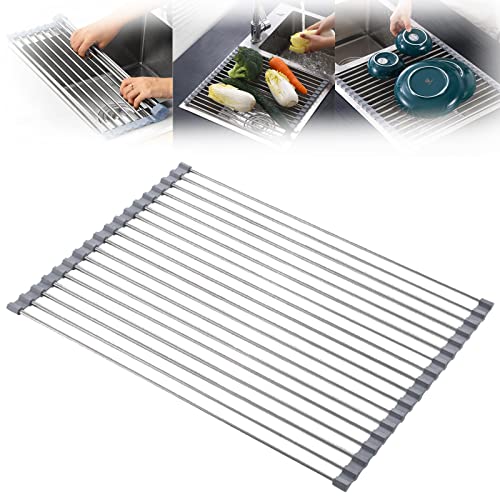 AMABEA Roll Up Dish Drying Rack,Portable Stainless Steel Rolling Rack,Dish Drying Rack Over The Sink,Foldable Kitchen Drain Rack,Stainless Steel Wire Dish Drying Rack,for Kitchen (47x36cm)