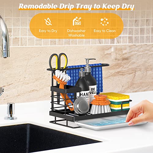 Utobao Kitchen Sink Organizer,Sponge Holder for Kitchen Sink, Rustproof Stainless Steel Sink Caddy Organizer,Soap Brush Holder with Drain Tray for Countertop,Kitchen Accessories-Black