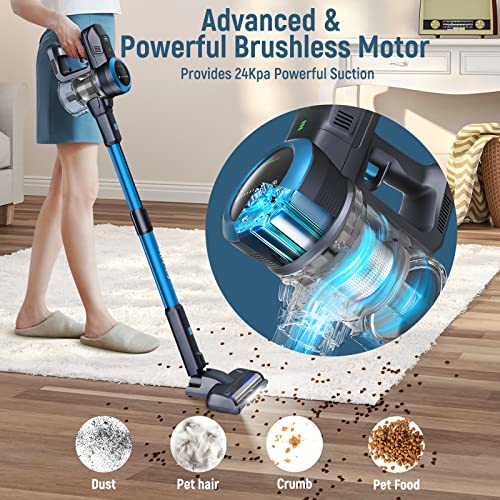 FABULETTA 24 Kpa Cordless Vacuum Cleaner - 6 in 1 Lightweight Stick Vacuum with Powerful Suction 250W Brushless Motor, for Pet Hair Carpet Hard Floor, Max 45 Min Runtime, Led Display, Blue