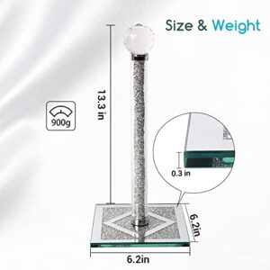 Crystal Paper Towel Holder, 13.3 x 6.3in Countertop Standing Paper Towel Roll Dispenser with Cube Base, Filled with Sparkly Crystal Crushed Diamonds for Home Decor Kitchen Bathroom-Silver