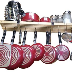 36" wooden wall mounted pot rack with 10 hooks. Wall rack. Pan rack. Hanging pot rack. Wood Pan Pot hanger. Hanging pot holder. Kitchen wall shelf. Kitchen pots pans organizer shelf 36x10 inch chrome